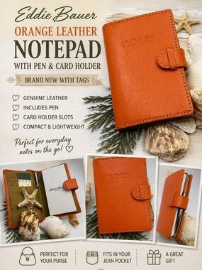 Eddie Bauer Orange Leather Notepad with Pen & Card Holder